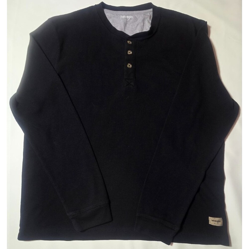 Wrangler Mens Large Black Waffle Knit Thermal Henley Long Sleeve Shirt L